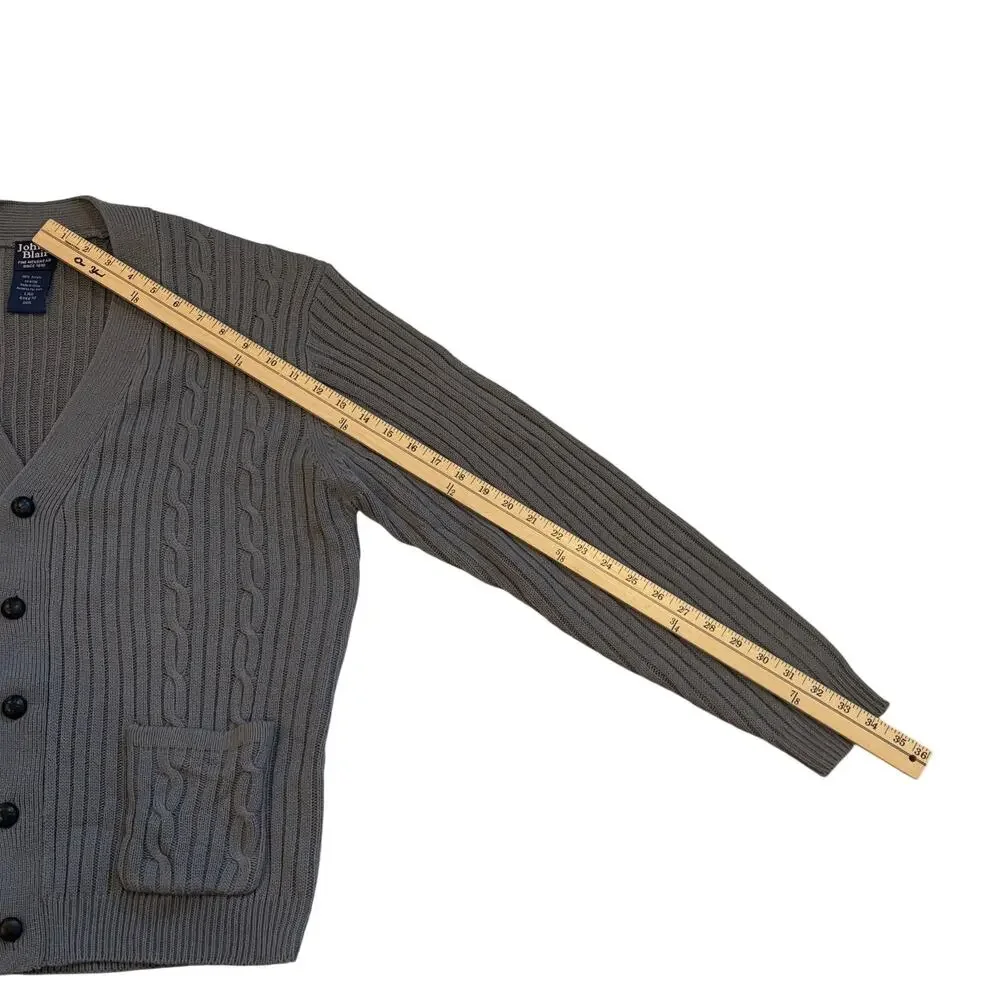 John Blair Sweater Mens Sz Large Gray Cardigan Cable Knit pockets Grandpa *READ*